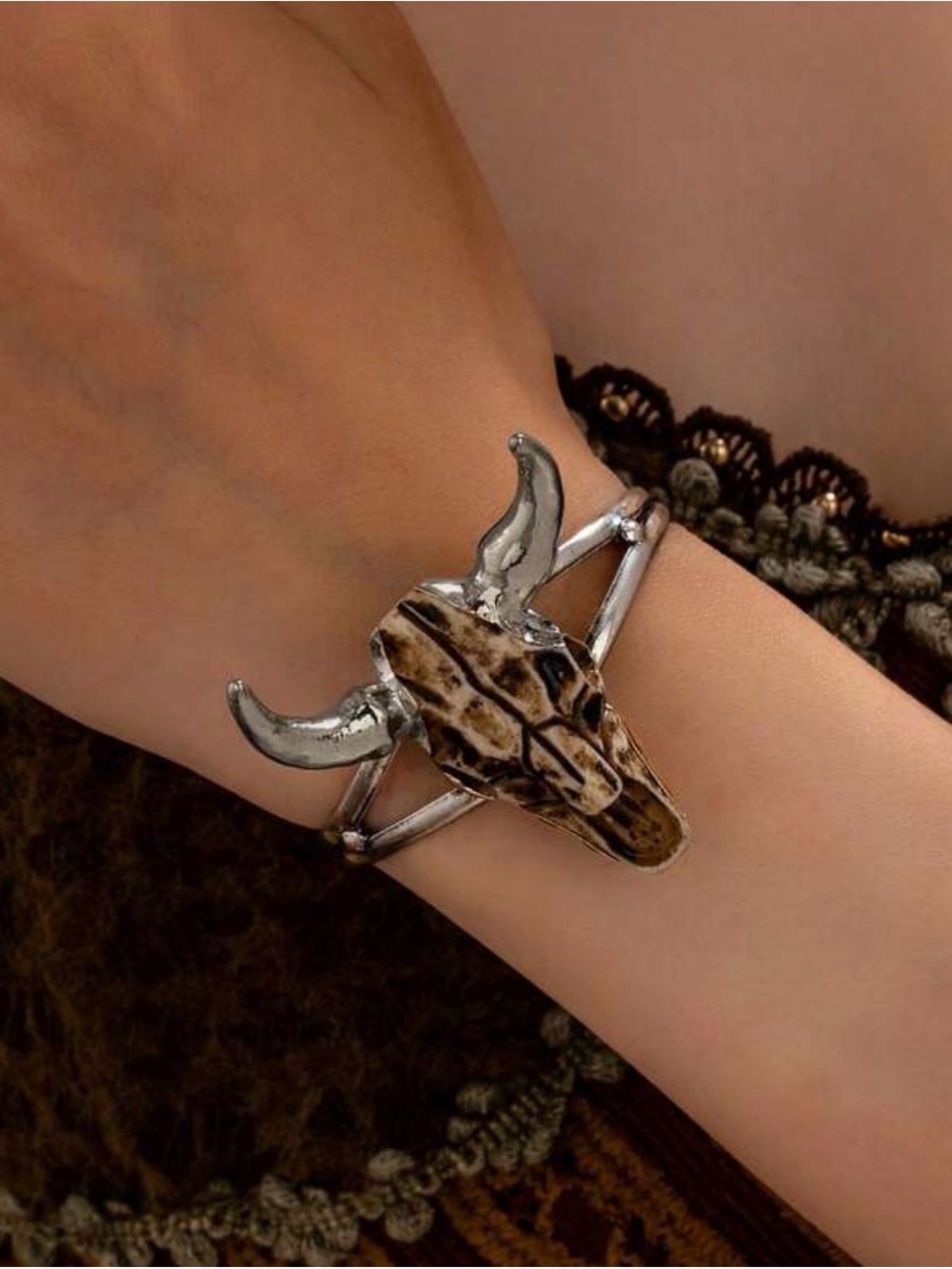 Western Bull Skull Cuff Bracelet - Silver and Brown